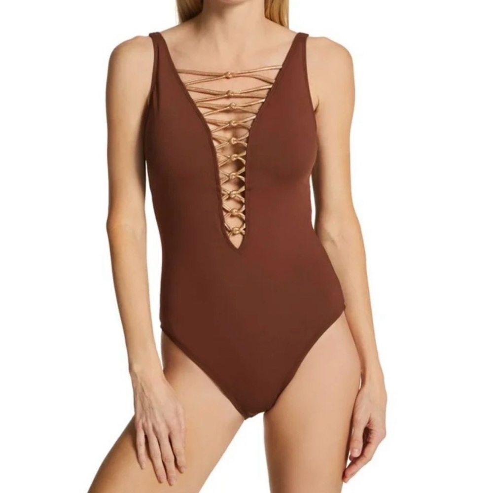Bleu Rod Beattie Lace Up Plunge‎ One Piece Swim in Sienna Brown Size Medium